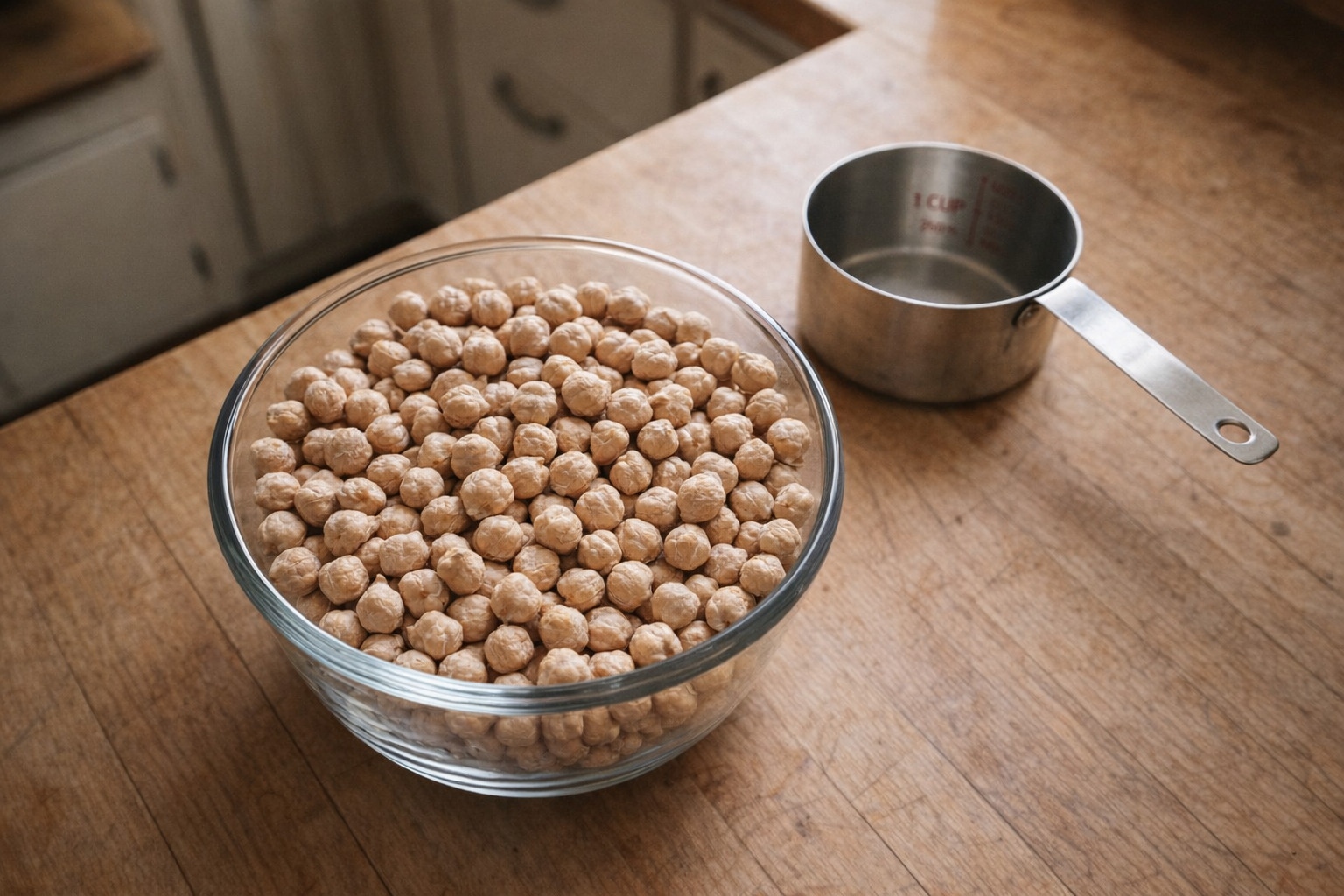 A top-down shot of dried chickpeas in a glass bowl, with a measuring cup nearby, natural sunlight